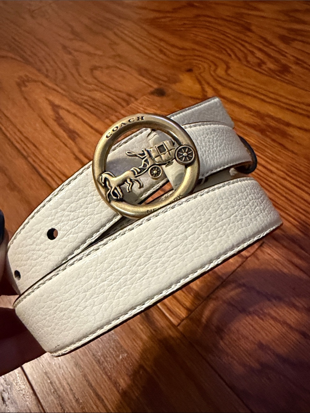 Coach Cream Pebbled Leather Belt with Gold Coach Carriage Buckle
